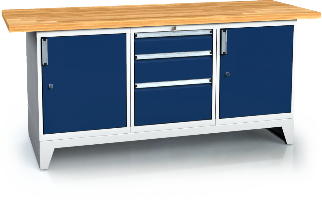 Workbenches alpede PROFI - board - container - massive base on feet 880 x 2000 x 700